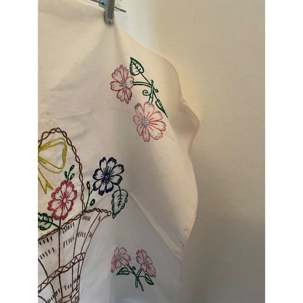 Vintage‎ Square Hand Embroidered White Cotton tablecloth Floral Basket Stains